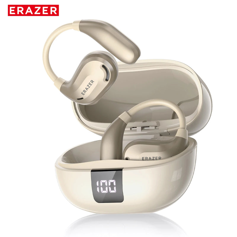 Beige wireless earbuds with charging case on a white background, featuring the ERAZER brand.