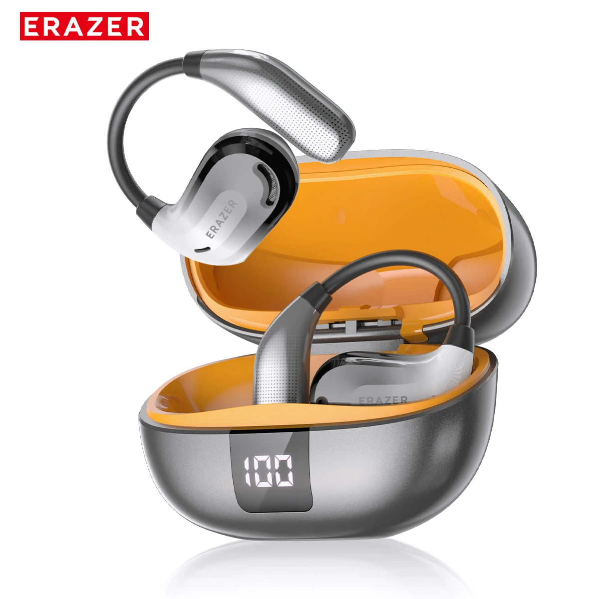 Wireless earbuds with orange charging case on a white background, featuring the ERAZER brand.