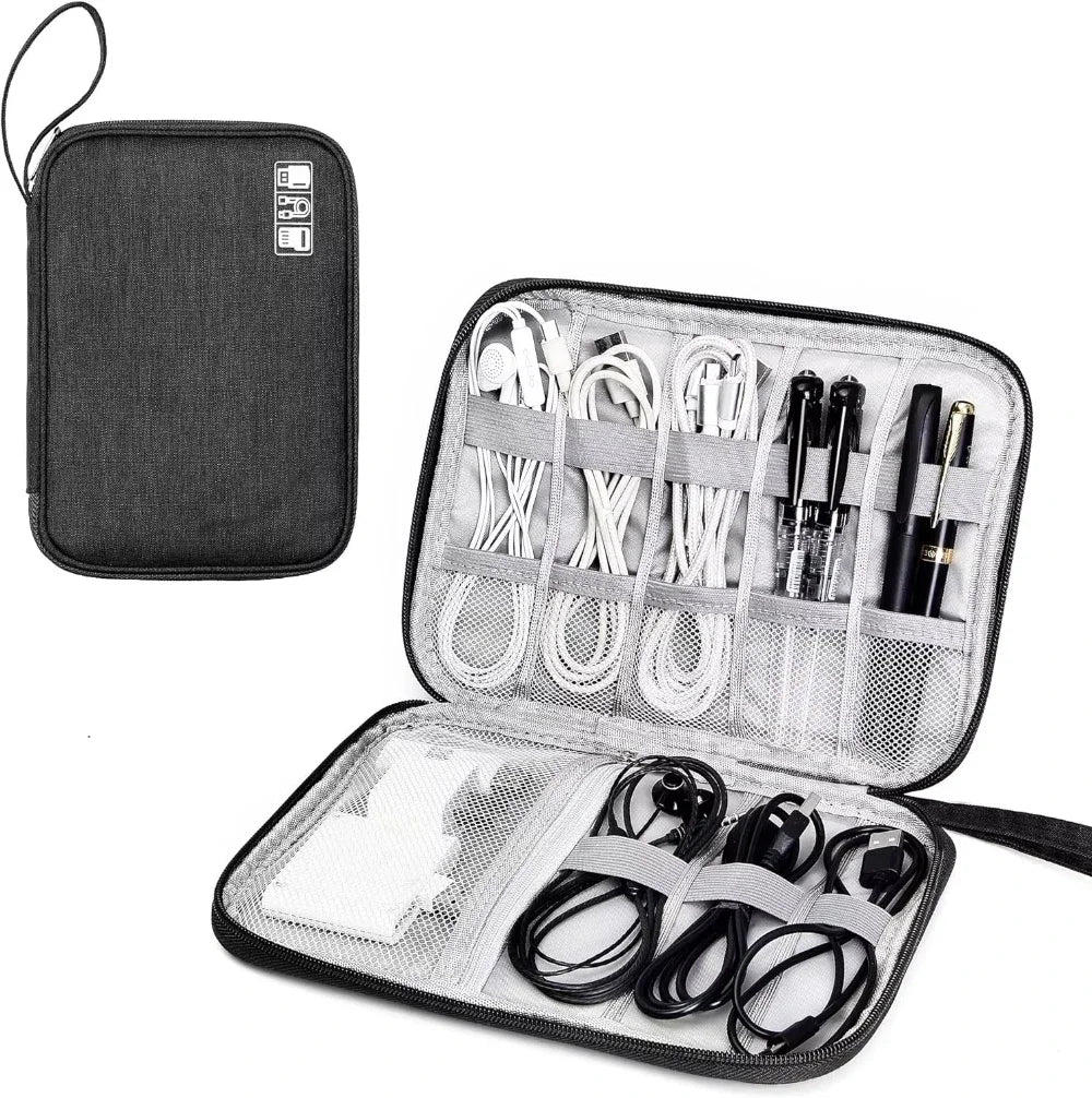 Black travel organizer with compartments for electronic accessories on a white background