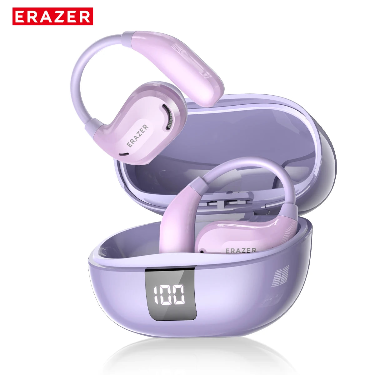 Purple wireless earbuds with charging case on a white background, featuring the ERAZER brand.