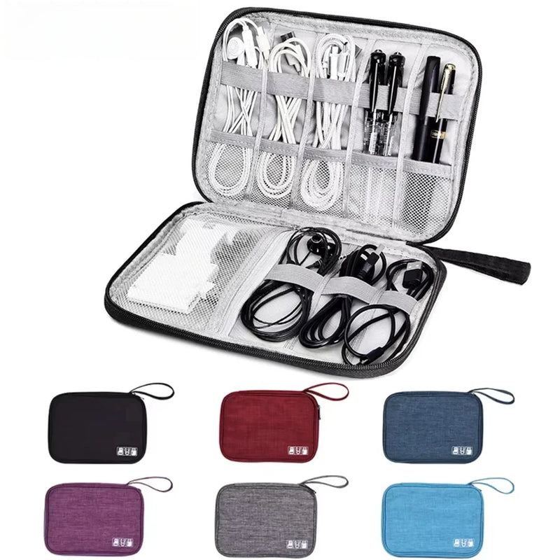 Organizer case with various items including cables and earbuds, with color options displayed below.