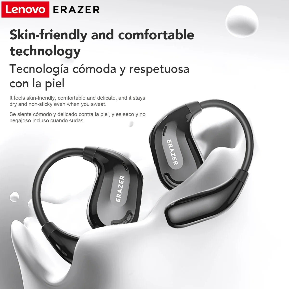 Lenovo ERAZER earbuds with text highlighting skin-friendliness on a white background