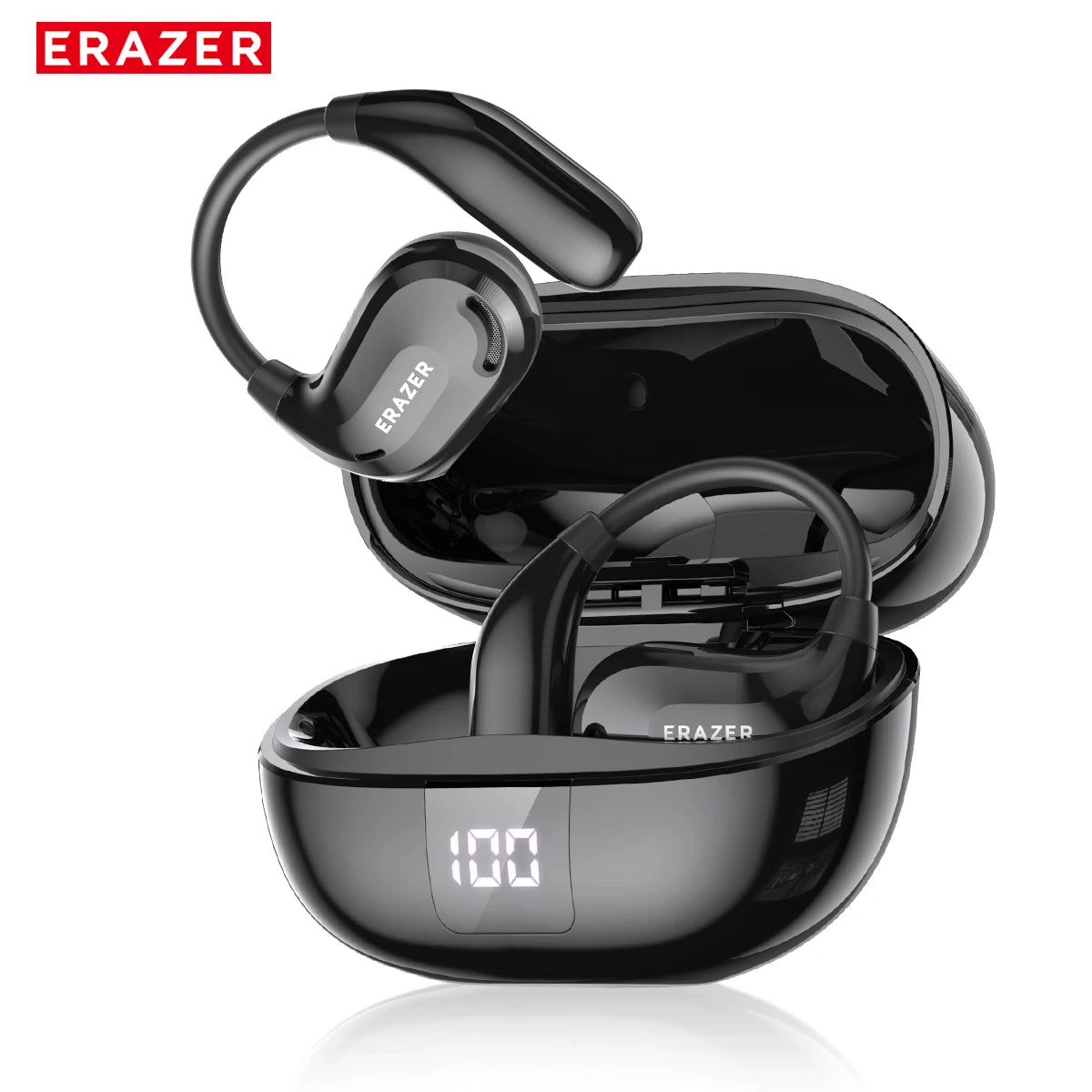 Black wireless earbuds with charging case on a white background, featuring the Erazer brand.
