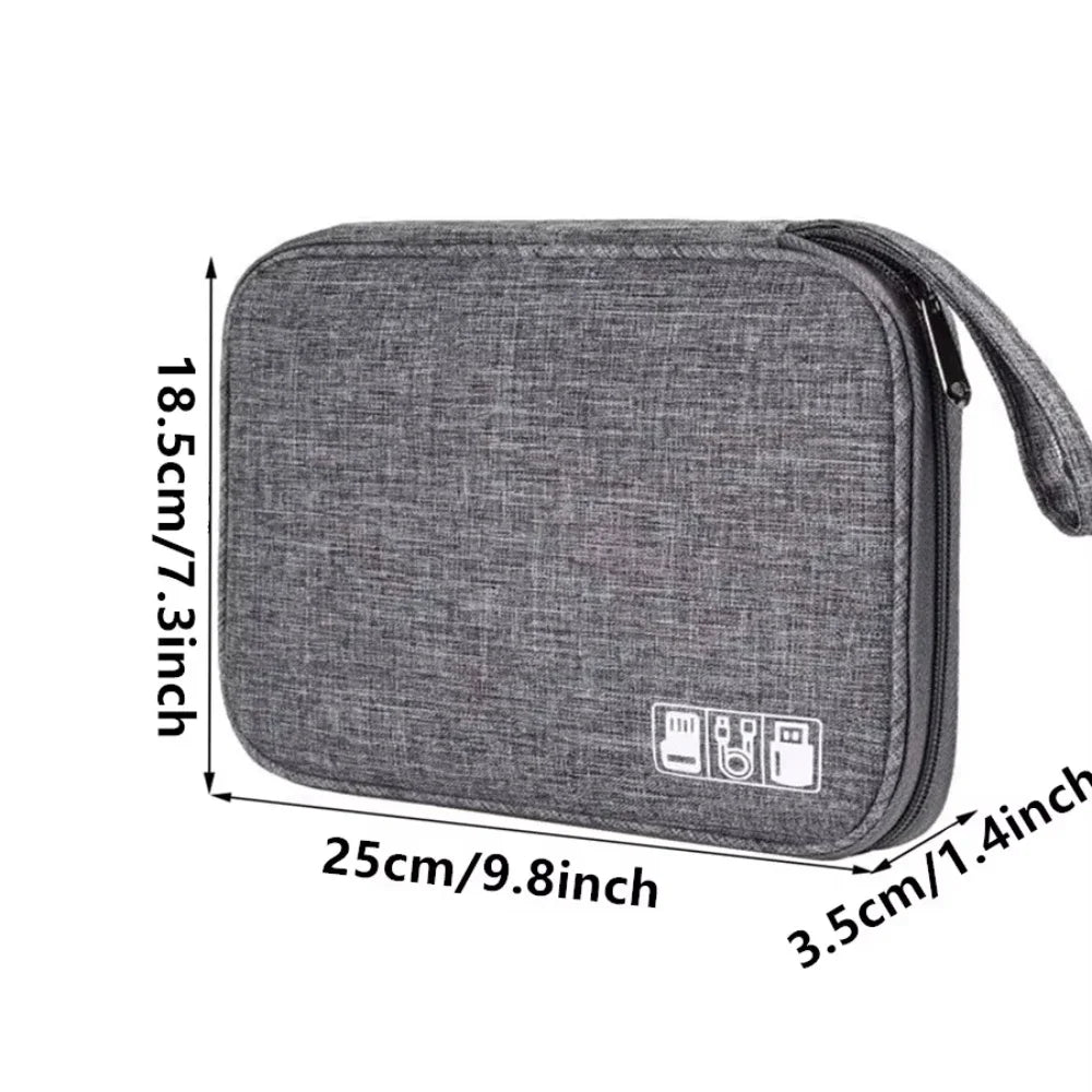 Gray travel organizer with dimensions on a white background