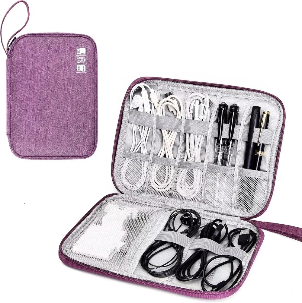 Purple travel organizer with electronic accessories on a white background