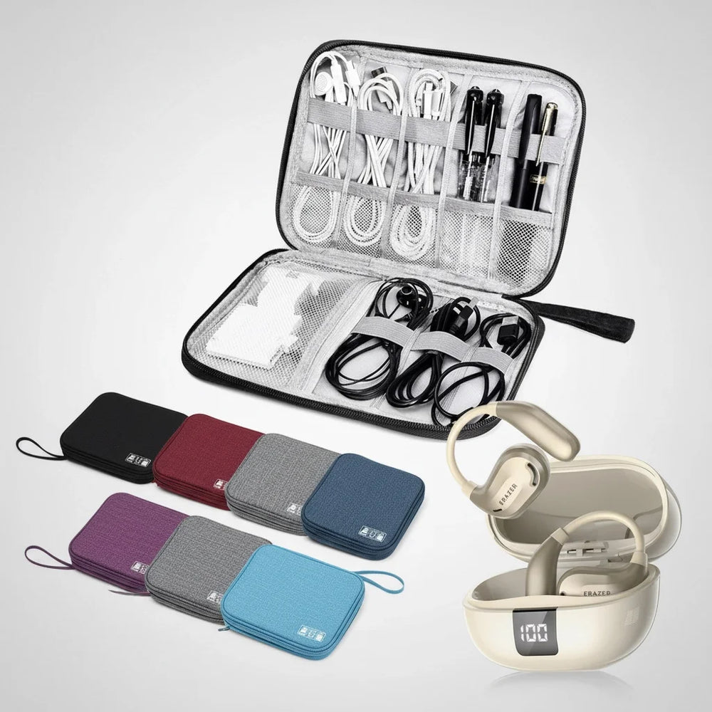 Set of travel accessories including earbuds, cables, and cases on a light gray background