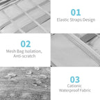 Product features with text labels on elastic straps, mesh bag isolation, and cationic waterproof fabric.