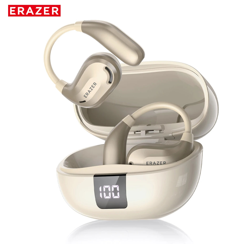 Beige wireless earbuds with charging case on a white background, featuring the ERAZER brand.