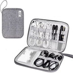 Gray travel organizer with compartments for electronic accessories on a white background