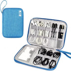 Blue cable organizer with compartments for cables and accessories on a white background