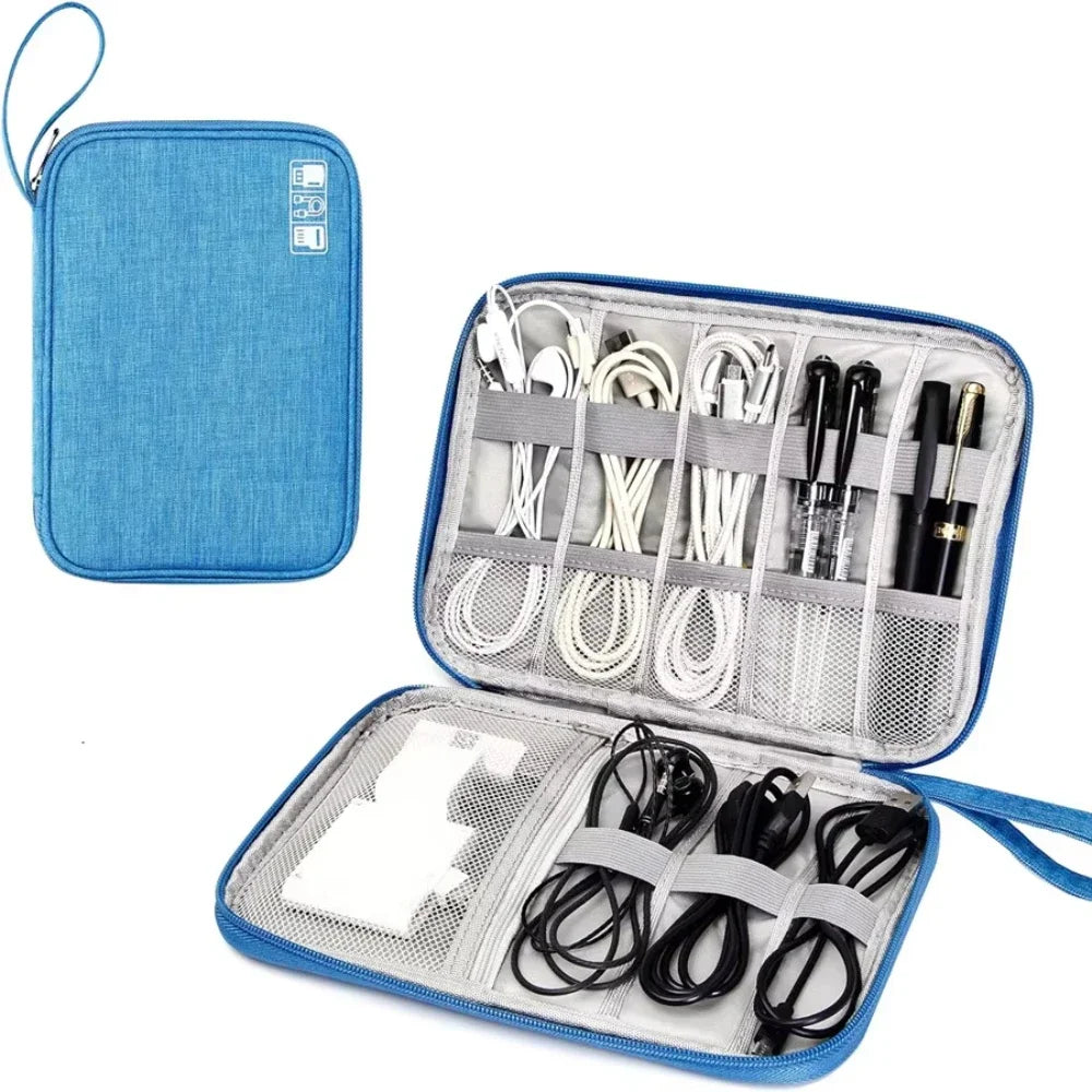 Blue cable organizer with compartments for cables and accessories on a white background
