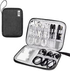 Black travel organizer with compartments for electronic accessories on a white background