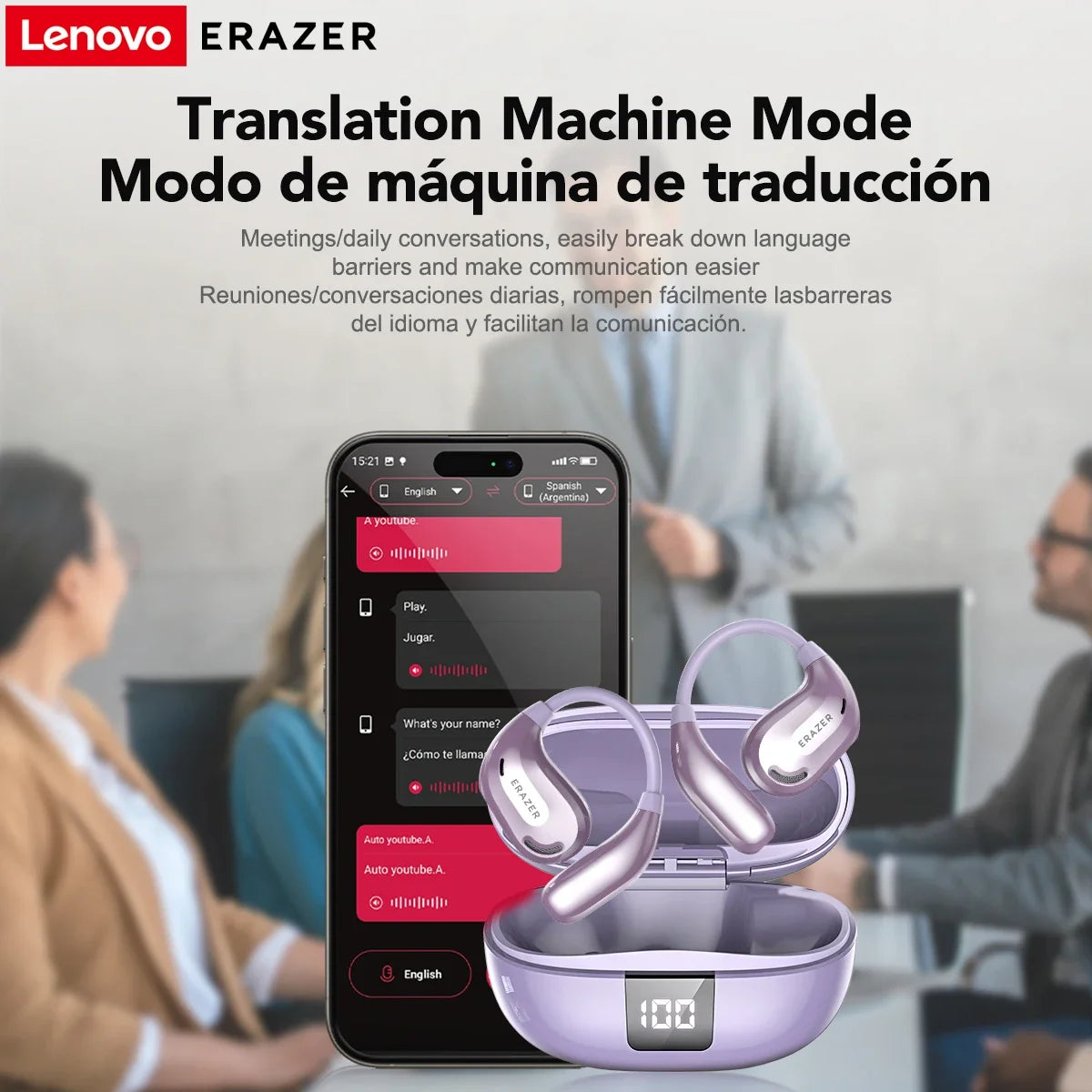 Lenovo ERAZER translation machine with smartphone app displayed, showing language translation mode.