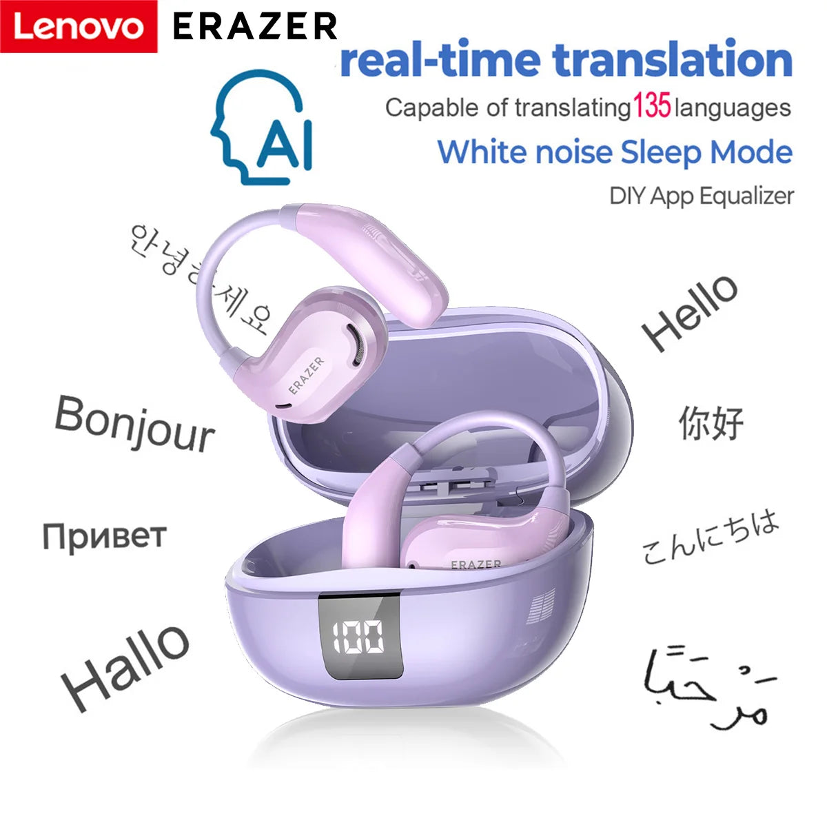 Lenovo ERAZER translation earbuds with open case on a white background