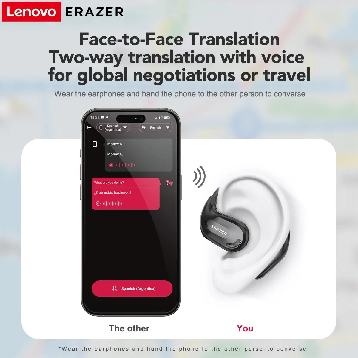 Lenovo ERAZER translation earphones and smartphone app on a light background