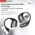 Lenovo ERAZER earbuds with text highlighting skin-friendliness on a white background