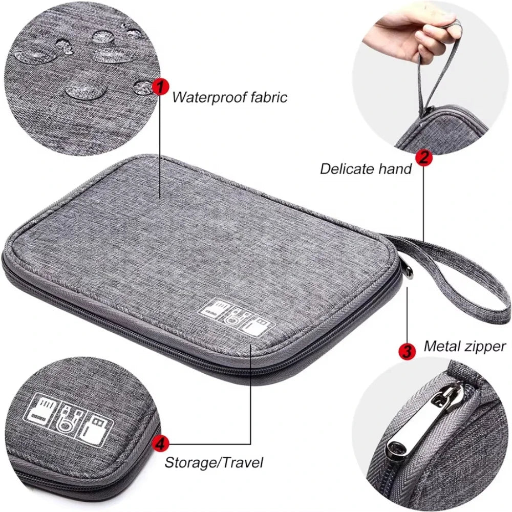 Gray carrying case with waterproof fabric, metal zipper, and storage/travel features.