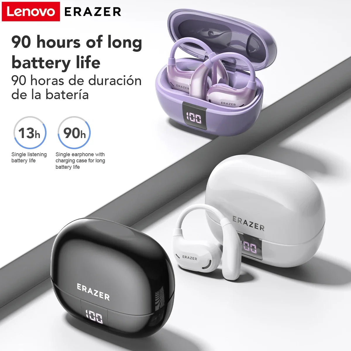 Lenovo ERAZER wireless earbuds with charging cases on a white background