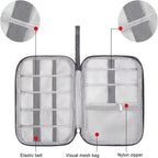 Gray travel case with elastic belt, visual mesh bag, and nylon zipper features.
