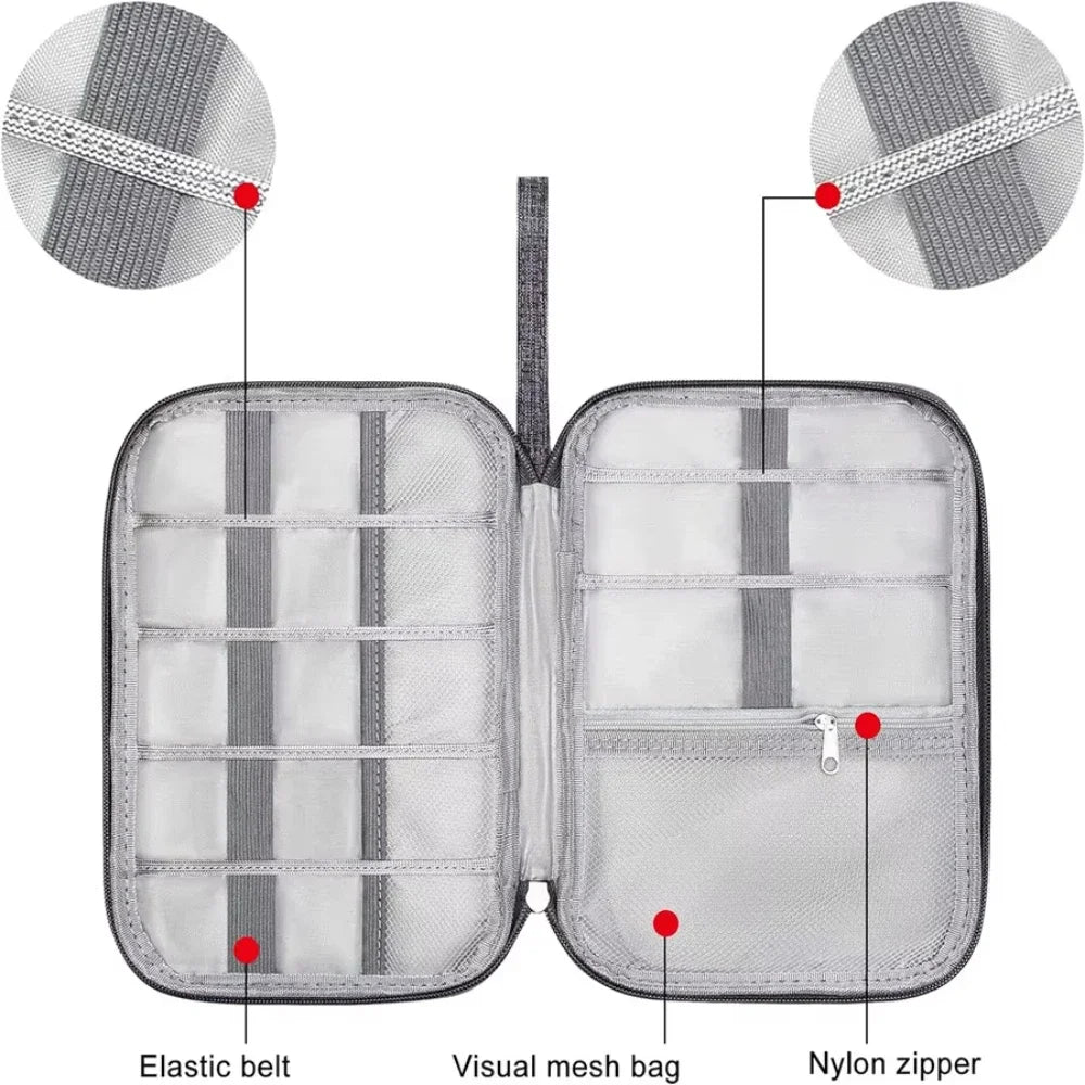 Gray travel case with elastic belt, visual mesh bag, and nylon zipper features.