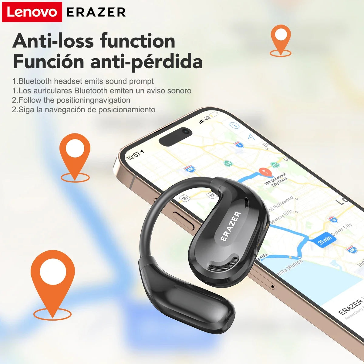 Lenovo ERAZER Bluetooth headset with smartphone displaying navigation app on a light background