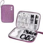 Purple travel organizer with electronic accessories on a white background